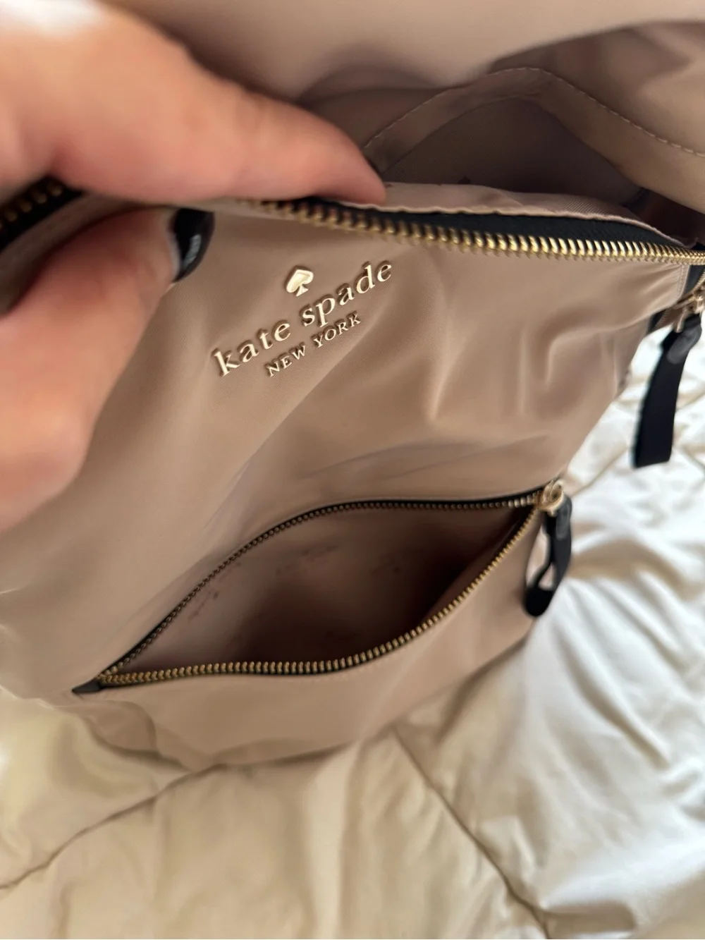 kate spade Beige Nylon Backpack with Front Zip Pocket